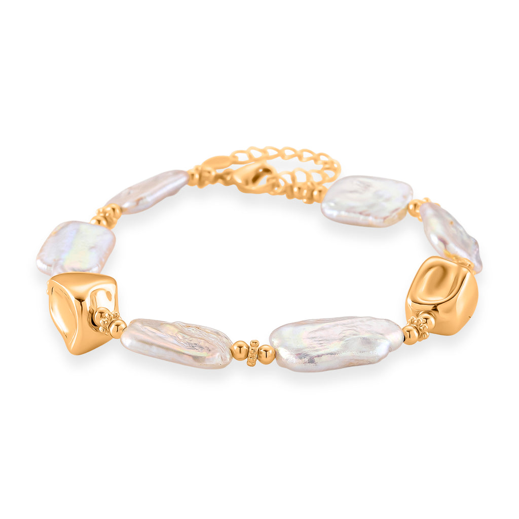 White Keshi Pearl Beads Bracelet (Size - 8+2) with Lobster Clasp in Yellow Gold Tone 60.00 Ct._8486955