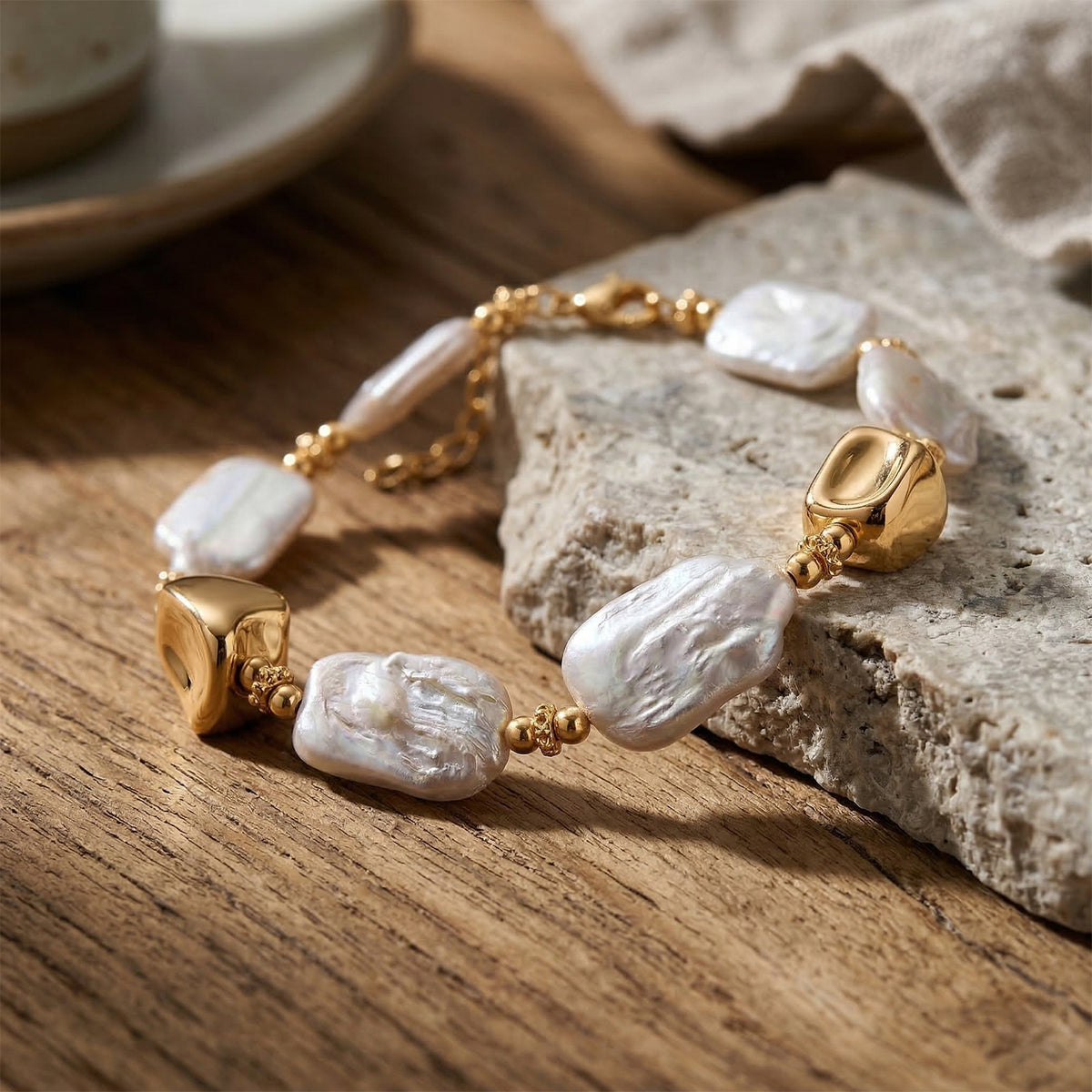 White Keshi Pearl Beads Bracelet (Size - 8+2) with Lobster Clasp in Yellow Gold Tone 60.00 Ct. V32578628 3