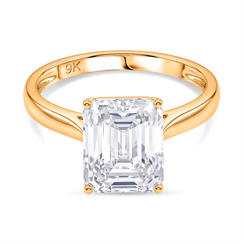 9K Yellow Gold GRA Certified Moissanite D-VVS1 Emerald Cut Solitaire Ring 4.00 Ct._8486963
