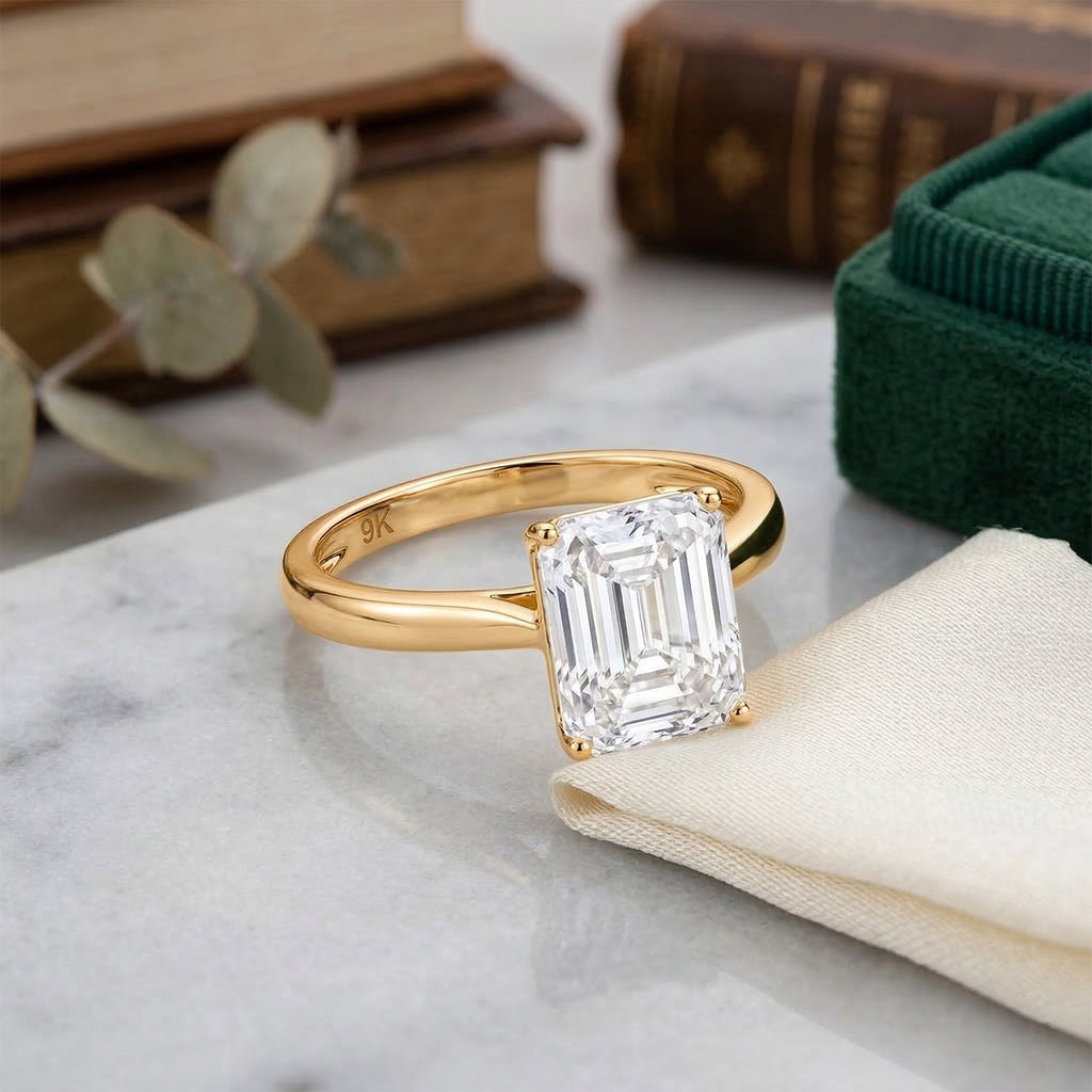 9K Yellow Gold GRA Certified Moissanite D-VVS1 Emerald Cut Solitaire Ring 4.00 Ct._8486963_2