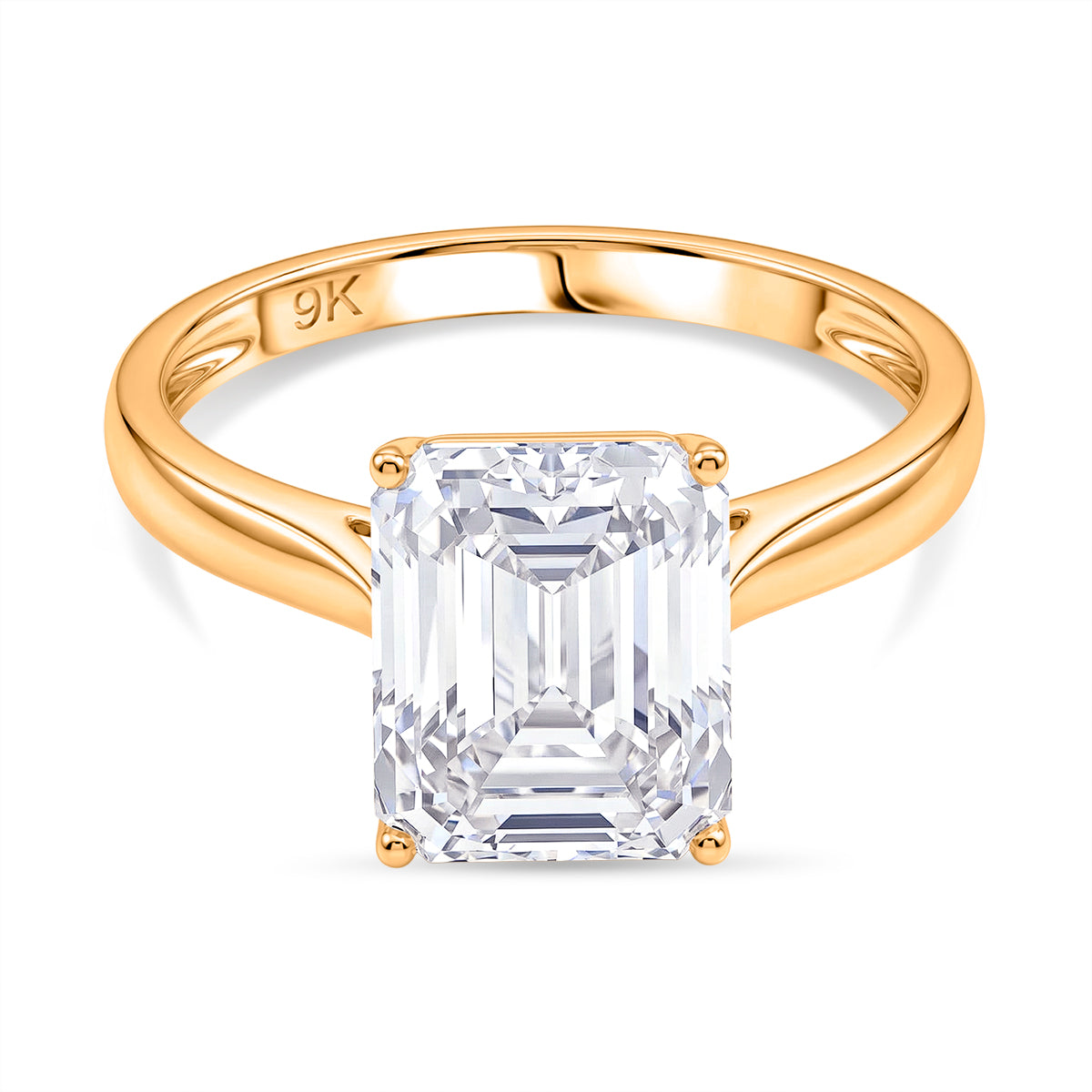 9K Yellow Gold GRA Certified Moissanite D-VVS1 Emerald Cut Solitaire Ring 4.00 Ct._8486964