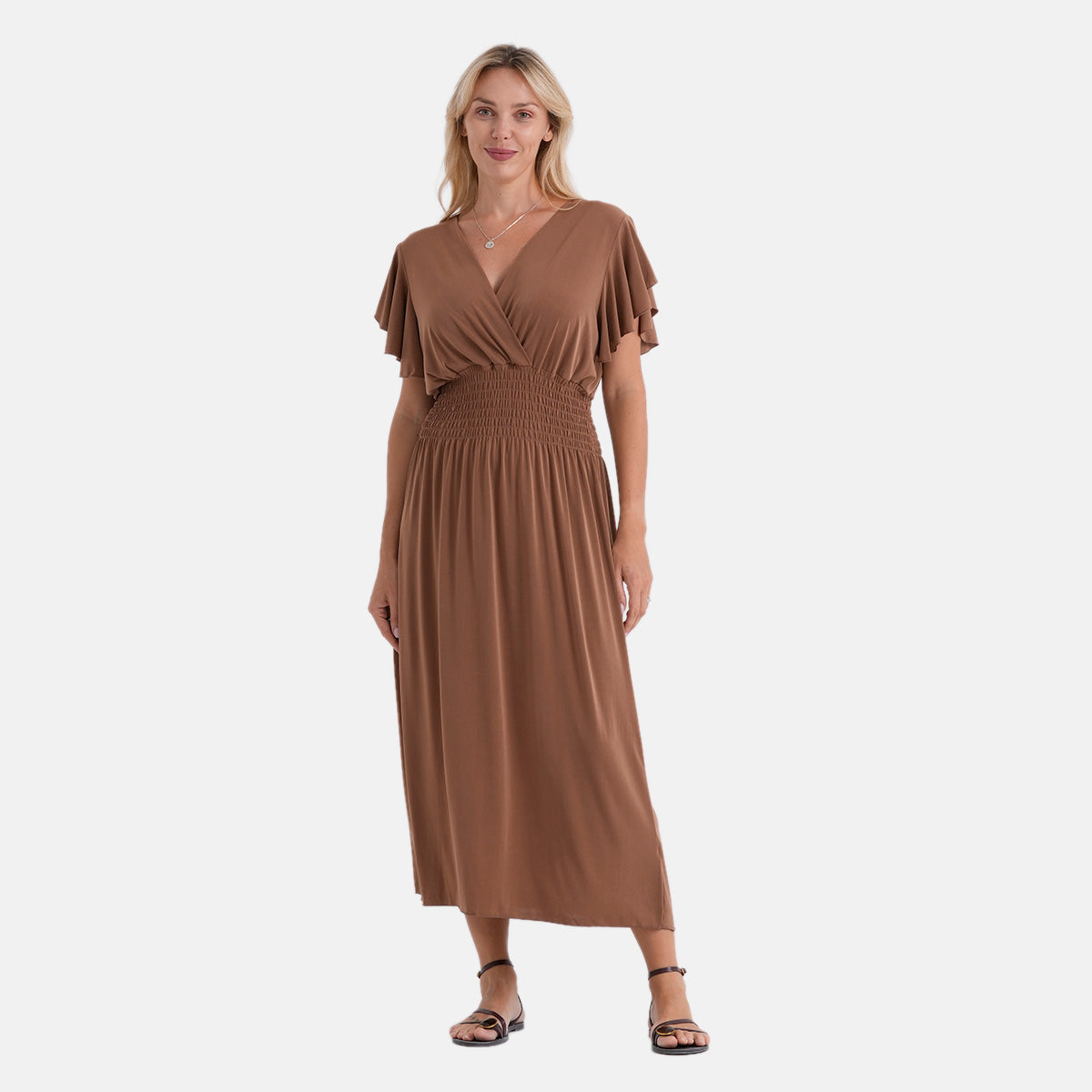 La Marey Flutter Sleeves Smocked Midi Dress (One Size, 8-18) - Brown 8487164 0