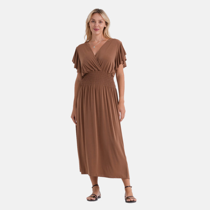La Marey Flutter Sleeves Smocked Midi Dress (One Size) - Brown 8487164 1