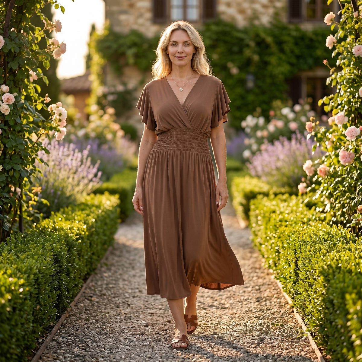 La Marey Flutter Sleeves Smocked Midi Dress (One Size, 8-18) - Brown 8487164 2