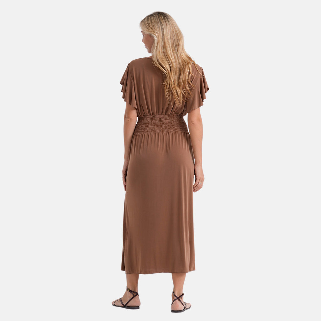 La Marey Flutter Sleeves Smocked Midi Dress (One Size, 8-18) - Brown_8487164_2