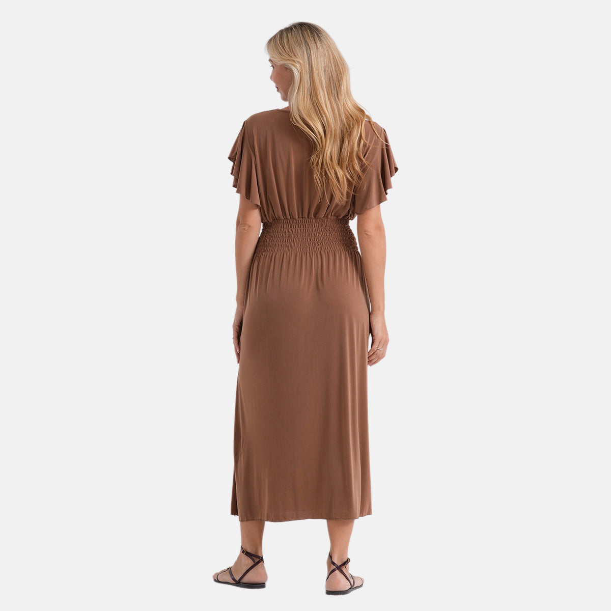 La Marey Flutter Sleeves Smocked Midi Dress (One Size, 8-18) - Brown 8487164 3