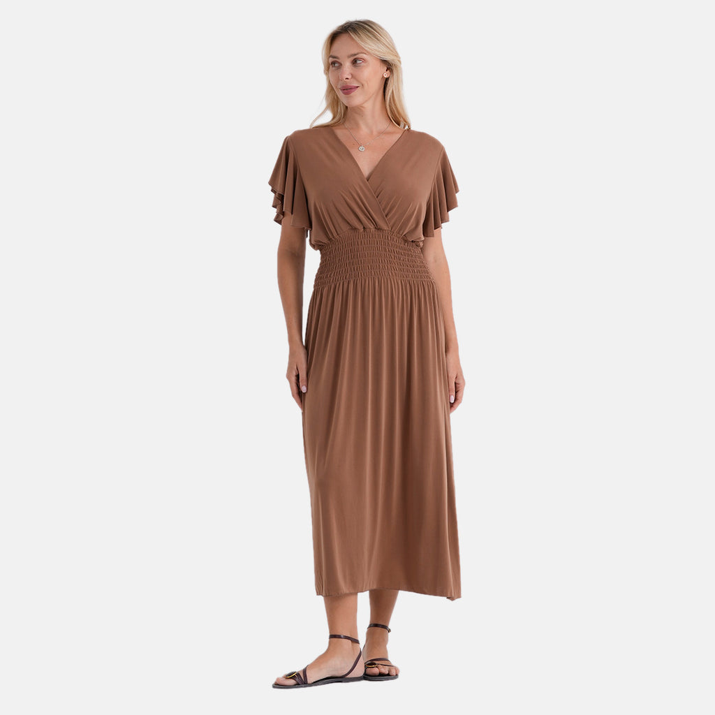 La Marey Flutter Sleeves Smocked Midi Dress (One Size, 8-18) - Brown_8487164_3