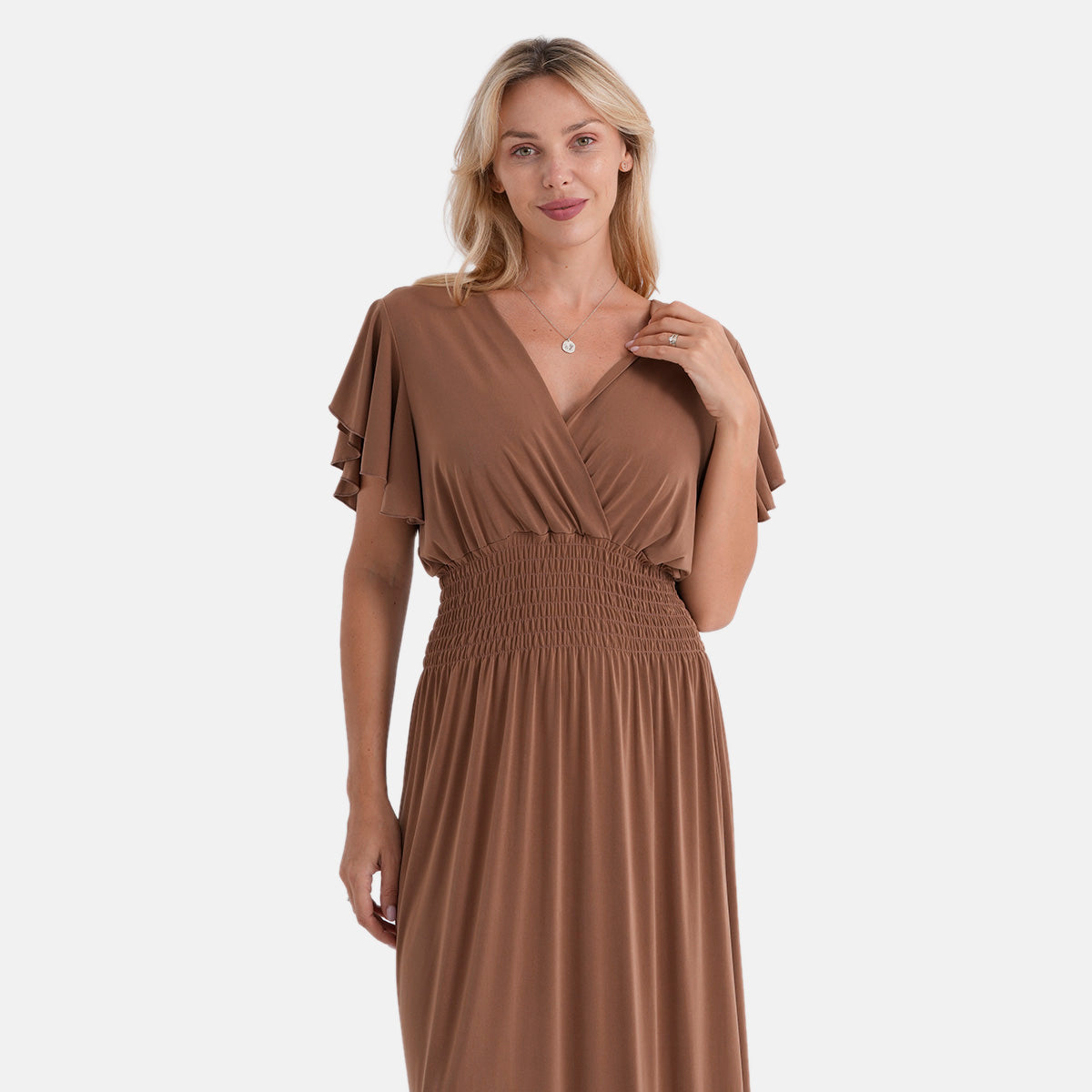 La Marey Flutter Sleeves Smocked Midi Dress (One Size, 8-18) - Brown 8487164 6