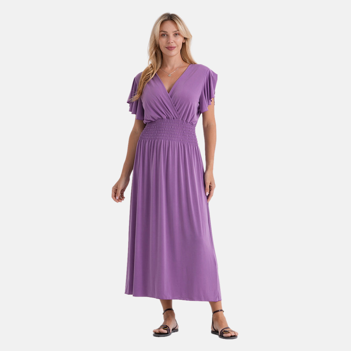 La Marey Flutter Sleeves Smocked Midi Dress (One Size, 8-18) - Purple V32637890 0
