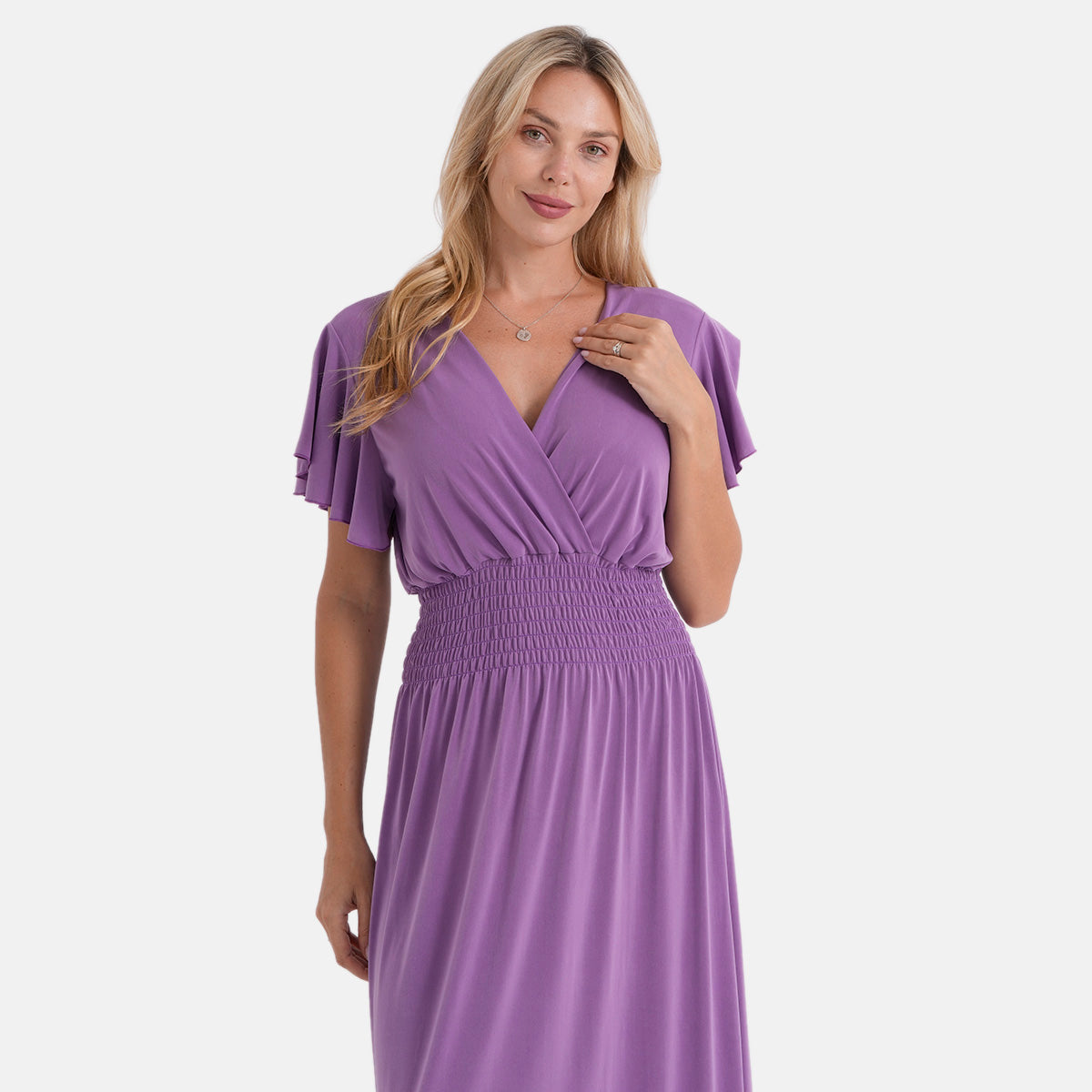 La Marey Flutter Sleeves Smocked Midi Dress (One Size, 8-18) - Purple V32637890 6