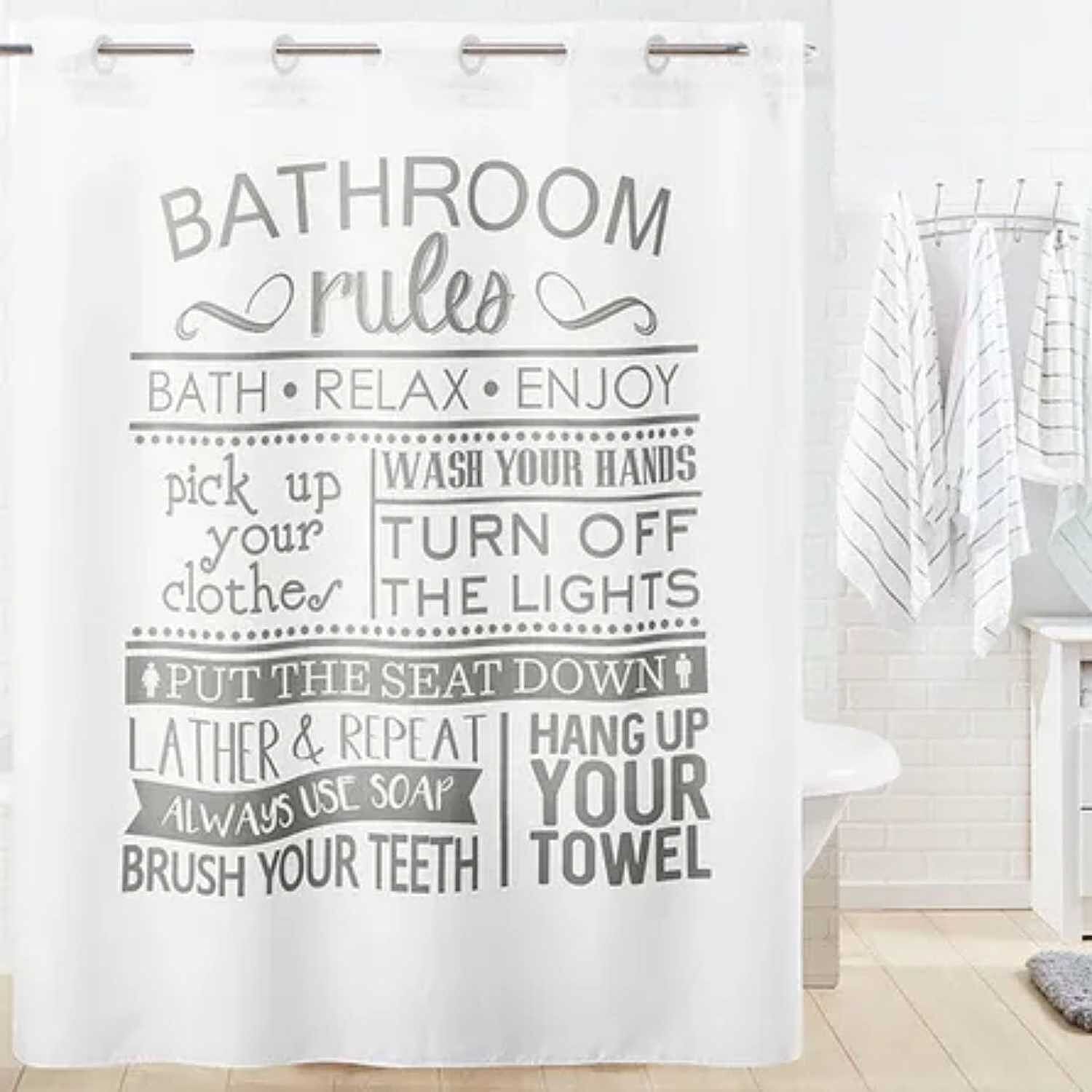 Bathroom Rules Fabric Shower Curtain (180 x 188 cm) - White with Grey V32352312 0