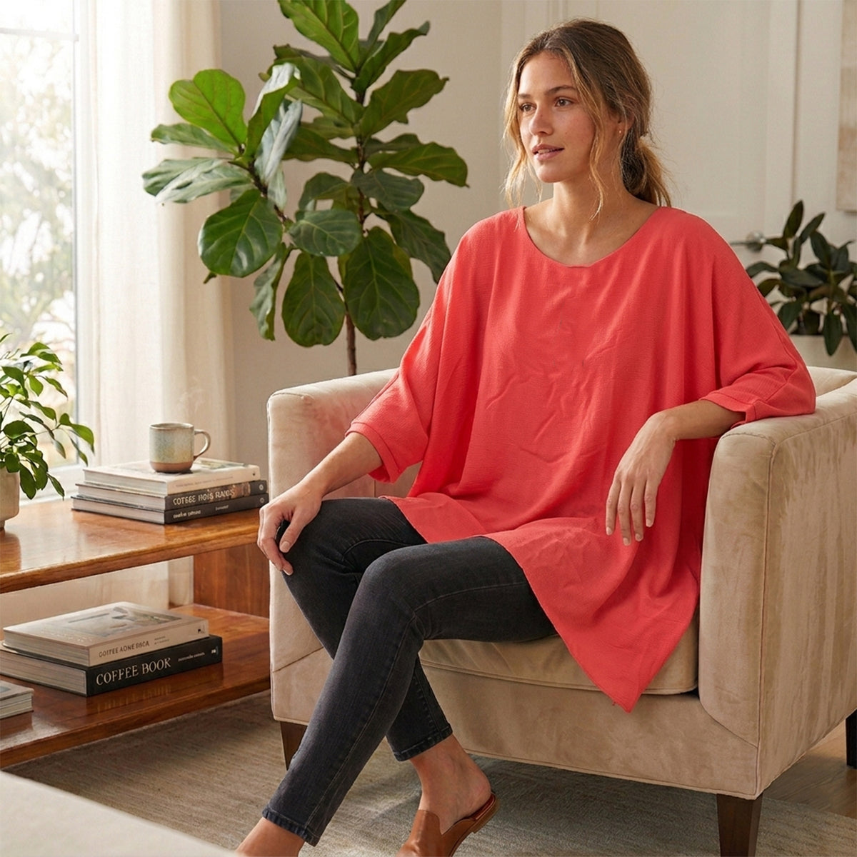 Pure And Nature Plain Batwing Floaty Top With Lining (One size) - Coral V32518104 2
