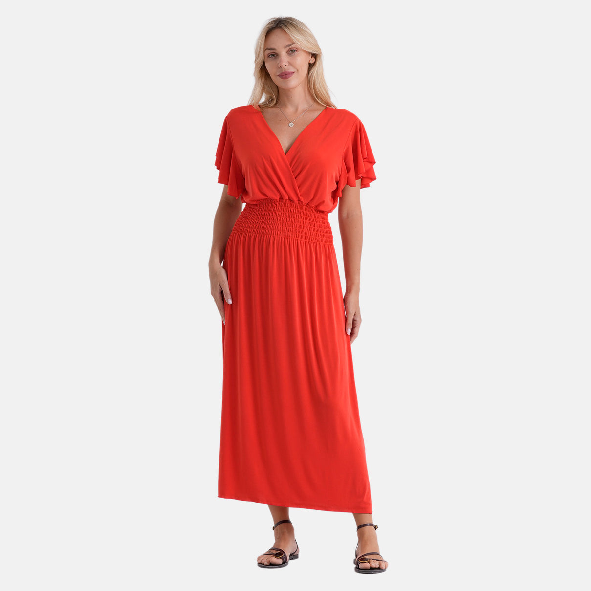 La Marey Womens Flutter Sleeve V-Neck Smocked Midi Dress (One Size) - Bright Red 8493399 0