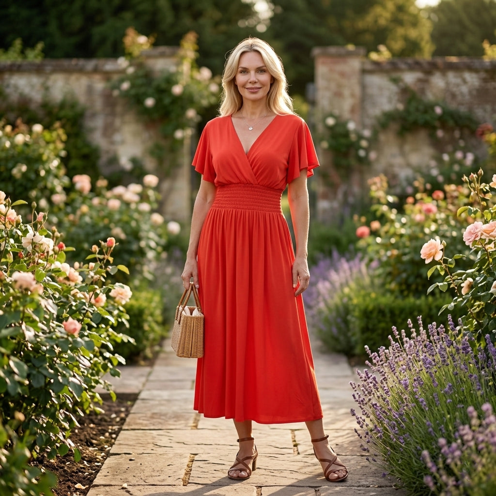 La Marey Womens Flutter Sleeve V-Neck Smocked Midi Dress (One Size) - Bright Red 8493399 2