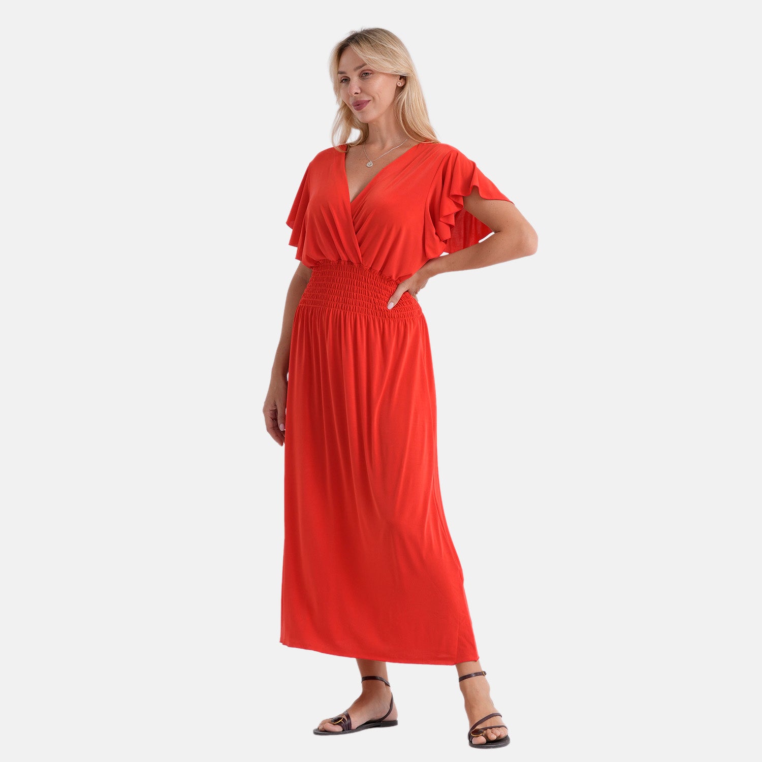 La Marey Womens Flutter Sleeve V-Neck Smocked Midi Dress (One Size) - Bright Red 8493399 4