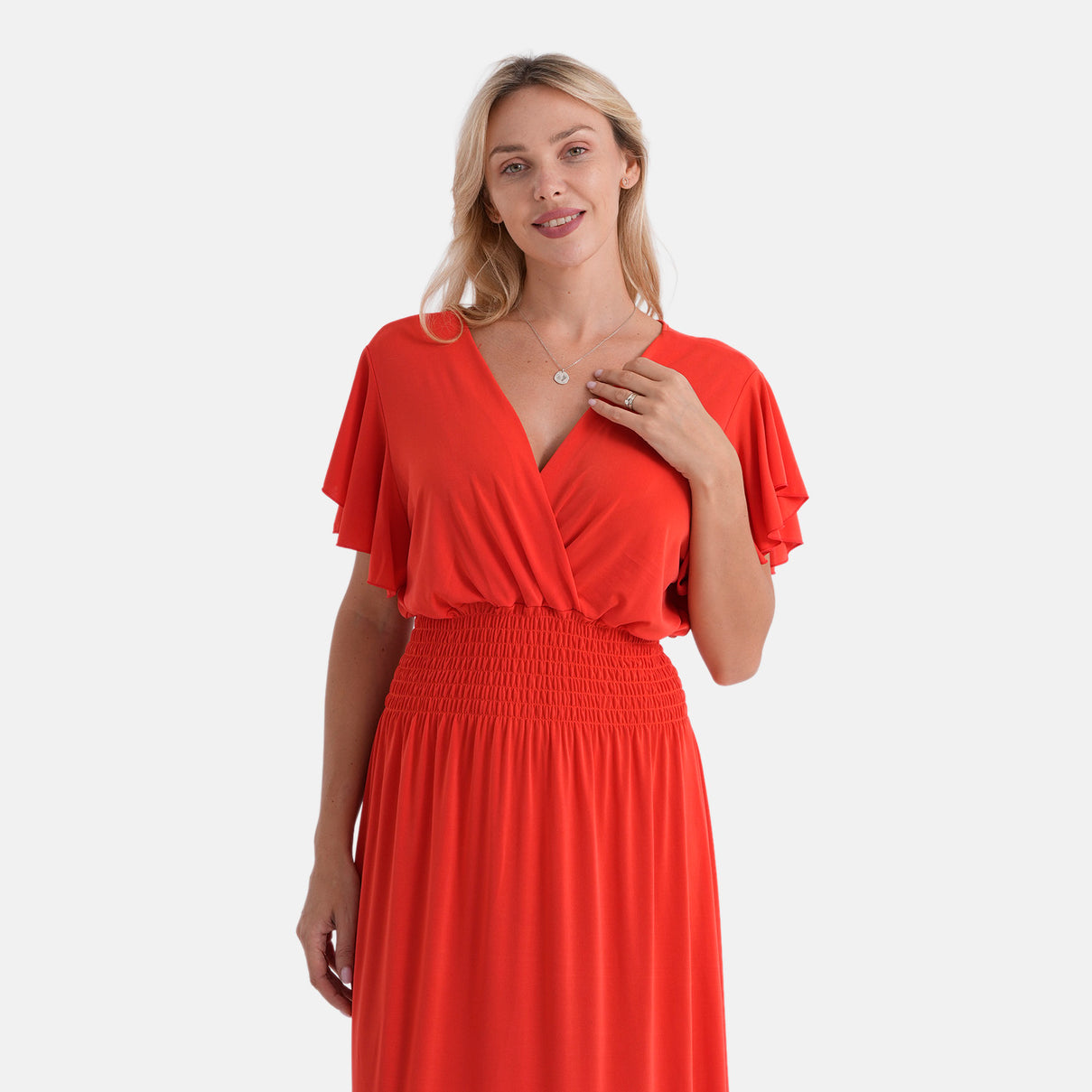 La Marey Womens Flutter Sleeve V-Neck Smocked Midi Dress (One Size) - Bright Red 8493399 5