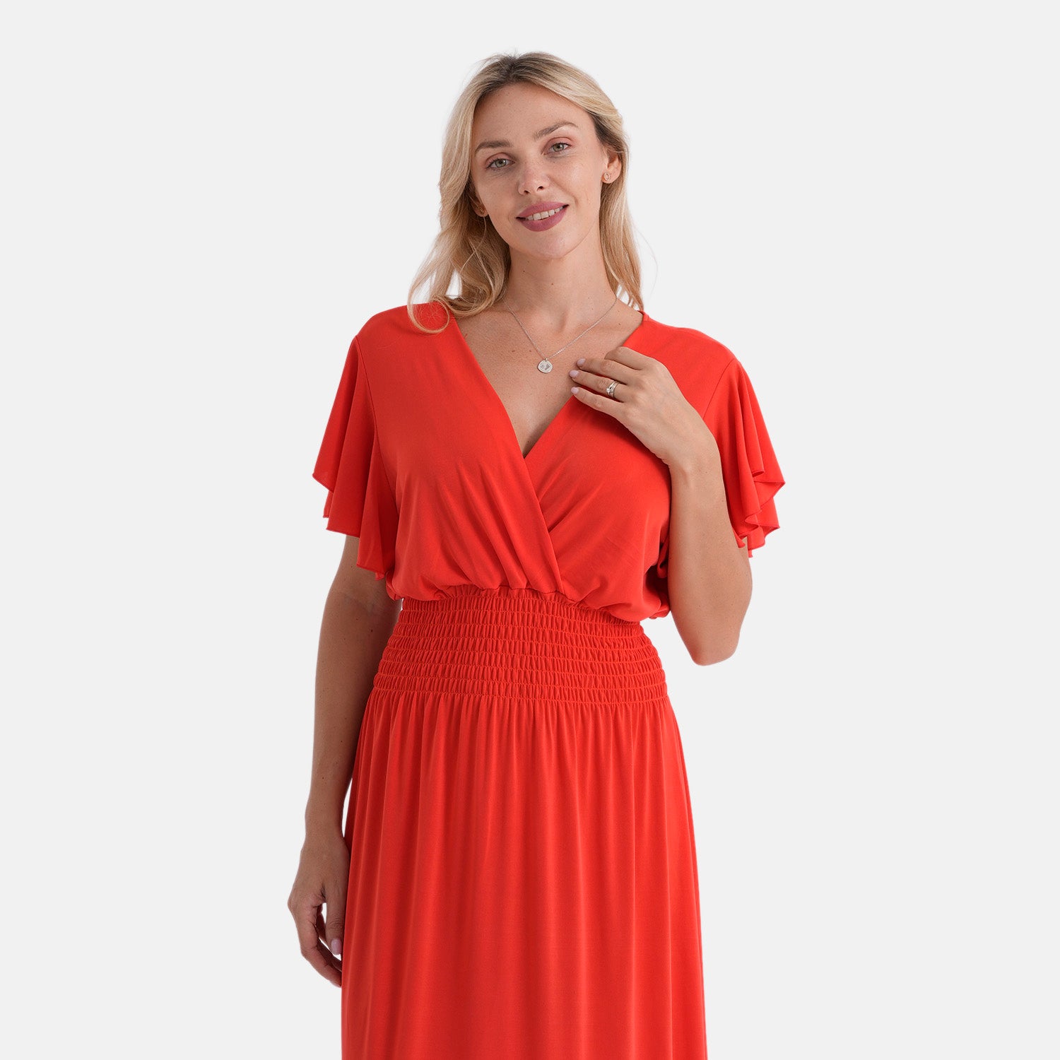 La Marey Womens Flutter Sleeve V-Neck Smocked Midi Dress (One Size) - Bright Red 8493399 5
