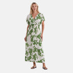 La Marey Womens Flutter Sleeve V-Neck Smocked Midi Dress (One Size Curve) - Green & White_8493402