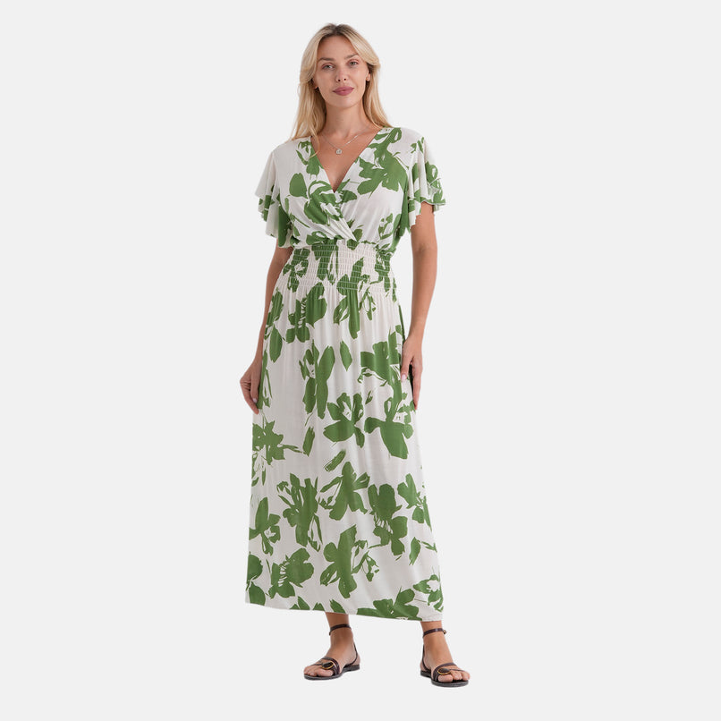 La Marey Womens Flutter Sleeve V-Neck Smocked Midi Dress (One Size Curve) - Green & White_8493402