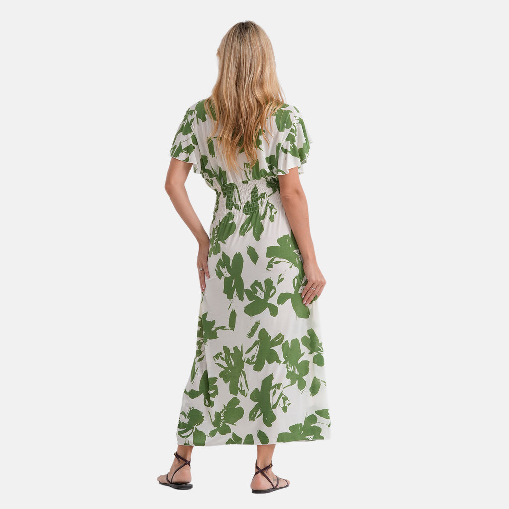 La Marey Womens Flutter Sleeve V-Neck Smocked Midi Dress (One Size Curve) - Green & White_8493402_2