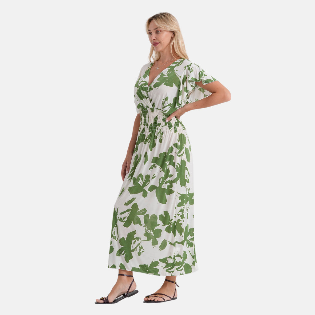 La Marey Womens Flutter Sleeve V-Neck Smocked Midi Dress (One Size Curve) - Green & White_8493402_3