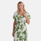 La Marey Womens Flutter Sleeve V-Neck Smocked Midi Dress (One Size Curve) - Green & White_8493402_4