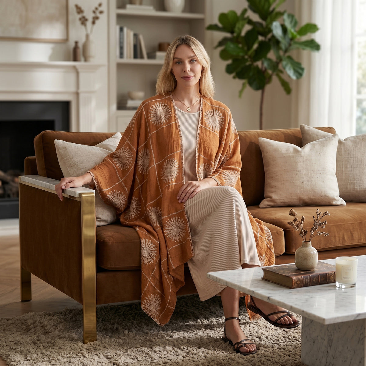 La Marey Full Embroidery Longline Kimono (One Size) - Mustard V32637156 2