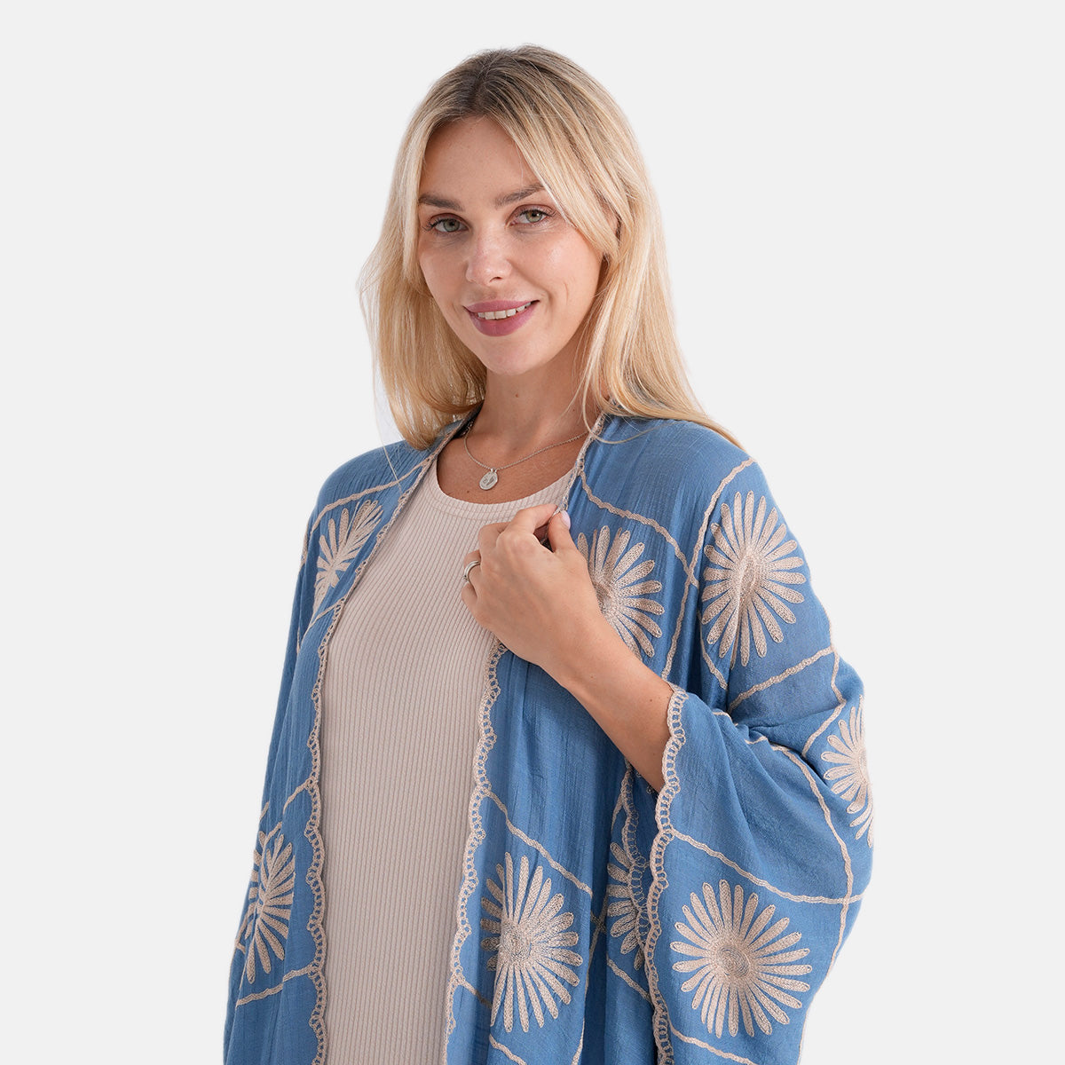 La Marey Full Embroidery Longline Kimono (One Size) - Blue 8493425 5