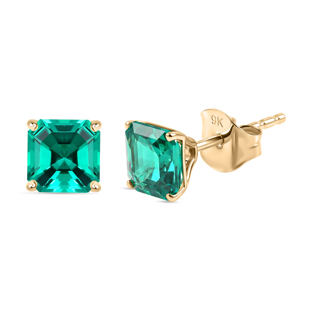Luxuriant- 9K Yellow Gold AAAA Lab Grown Columbian Emerald Solitaire Stud Push Post Earring 2.00 Ct._8497562