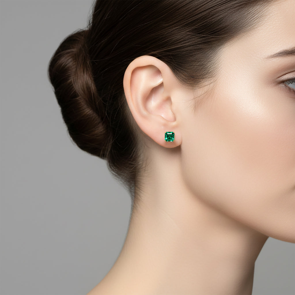 Luxuriant- 9K Yellow Gold AAAA Lab Grown Columbian Emerald Solitaire Stud Push Post Earring 2.00 Ct._8497562_1