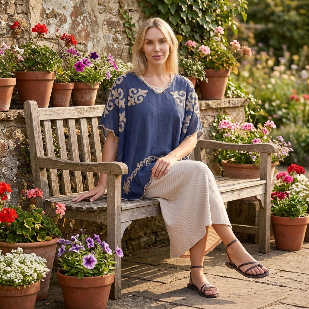 La Marey Two-way Embroidery Kaftan Top (One Size) - Blue 8497617 1