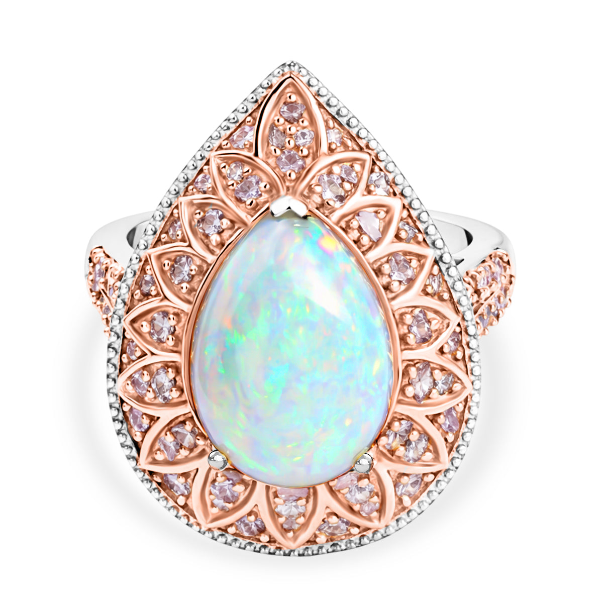 Couture Collection - AAA Natural Ethiopian Opal (3.35ct) & Natural Pink Diamond (0.65ct) Floral Halo Ring in Rhodium Overlay & Rose Gold Overlay Sterling Silver 4.00 Ct._8497652