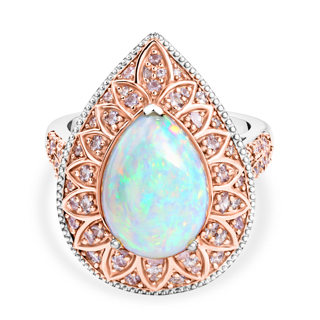 Couture Collection - AAA Natural Ethiopian Opal (3.35ct) & Natural Pink Diamond (0.65ct) Floral Halo Ring in Rhodium Overlay & Rose Gold Overlay Sterling Silver 4.00 Ct._8497657