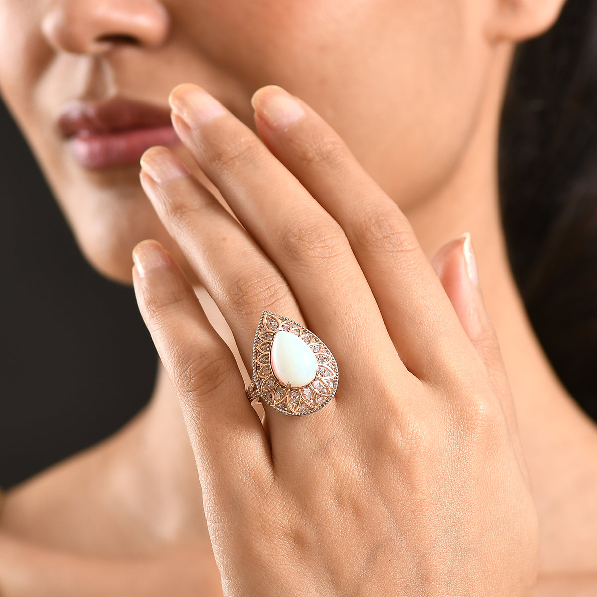 MEGA CLEARANCE -  AAA Natural Ethiopian Opal (3.35ct) &amp; Natural Pink Diamond (0.65ct) Floral Halo Ring in Rhodium Overlay &amp; Rose Gold Overlay Sterling Silver 4.00 Ct. V32694173 2