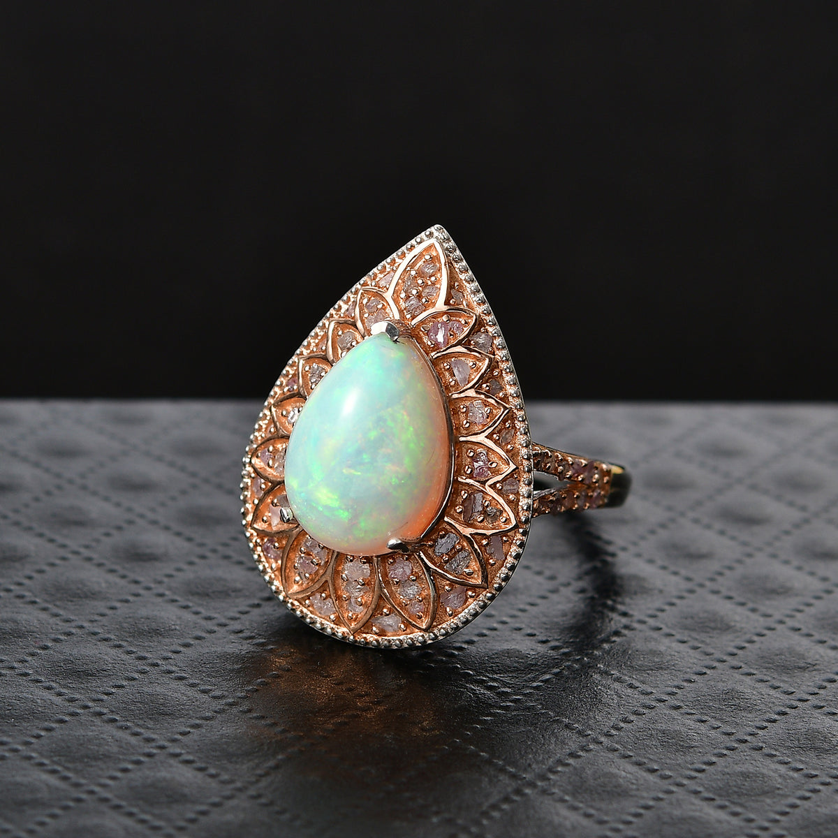 MEGA CLEARANCE -  AAA Natural Ethiopian Opal (3.35ct) &amp; Natural Pink Diamond (0.65ct) Floral Halo Ring in Rhodium Overlay &amp; Rose Gold Overlay Sterling Silver 4.00 Ct. V32694173 3