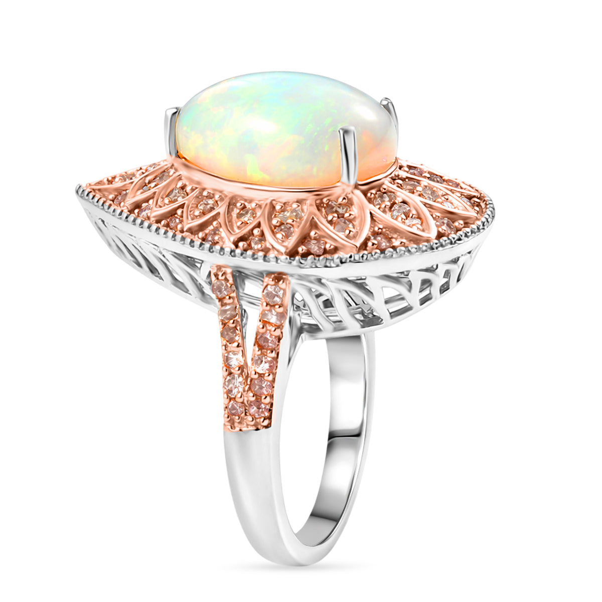 MEGA CLEARANCE -  AAA Natural Ethiopian Opal (3.35ct) &amp; Natural Pink Diamond (0.65ct) Floral Halo Ring in Rhodium Overlay &amp; Rose Gold Overlay Sterling Silver 4.00 Ct. V32694173 4