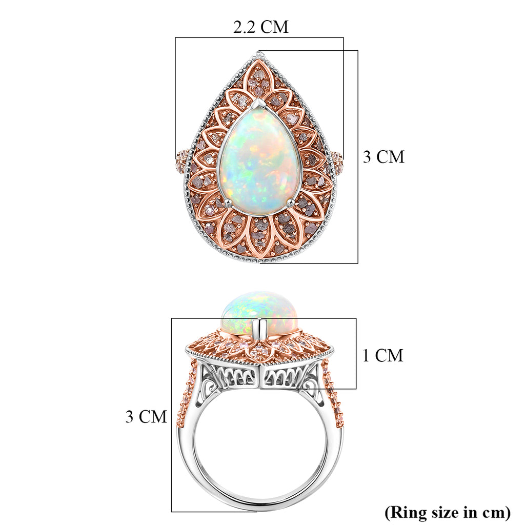 Couture Collection - AAA Natural Ethiopian Opal (3.35ct) & Natural Pink Diamond (0.65ct) Floral Halo Ring in Rhodium Overlay & Rose Gold Overlay Sterling Silver 4.00 Ct._8497657_5