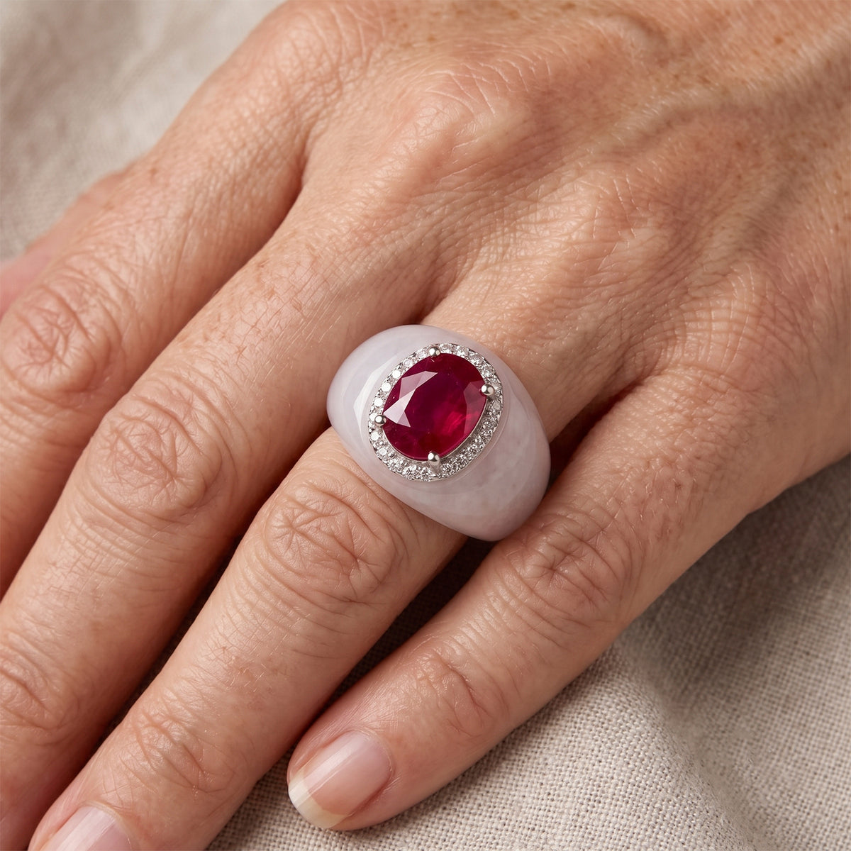 D'Joy -  AAA African Ruby and  White Jade Band Ring in Rhodium Overlay Sterling Silver 30.12 Ct. 8497936 2