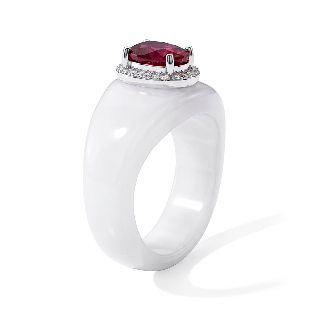 D'Joy - Fissure Filled Ruby, White Zircon & Dyed White Jade Band Ring in Rhodium Overlay Sterling Silver 30.12 Ct._8497936_3