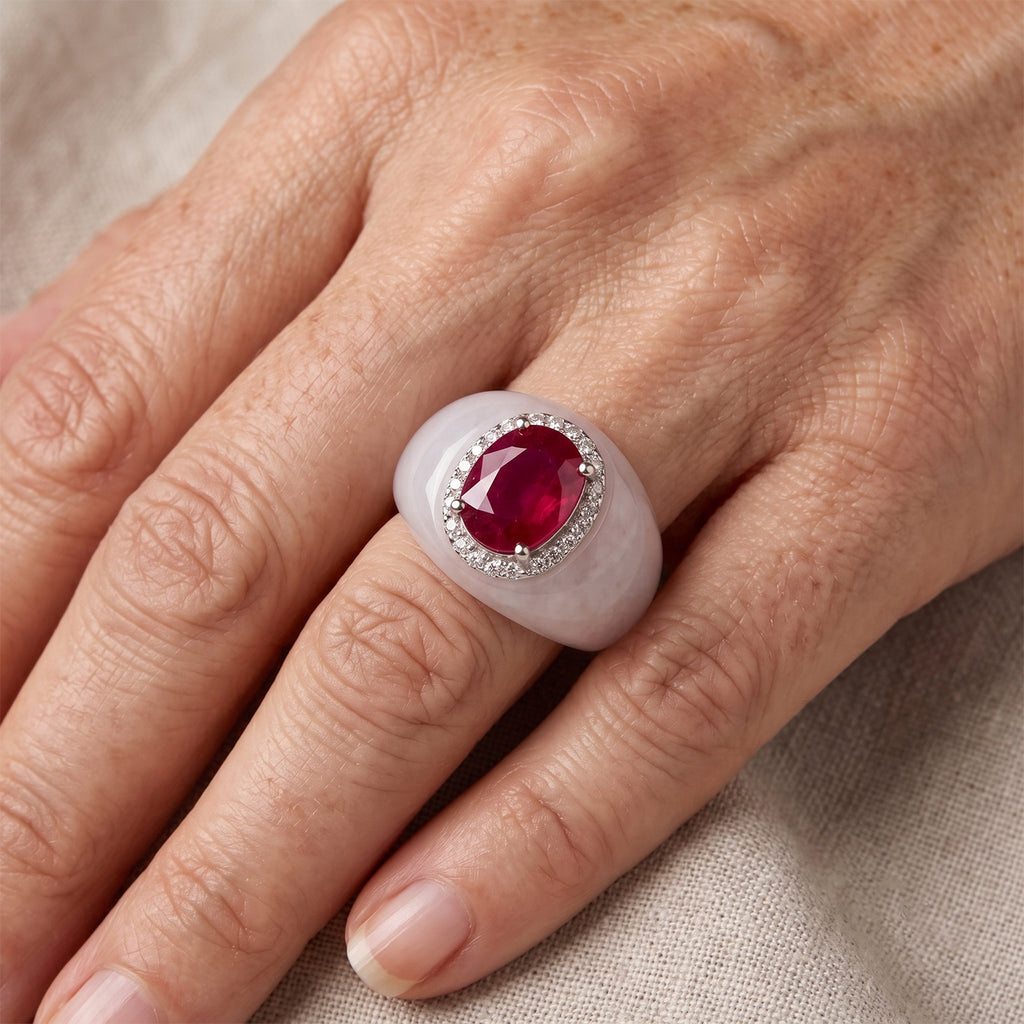 D'Joy - Fissure Filled Ruby, White Zircon & Dyed White Jade Band Ring in Rhodium Overlay Sterling Silver 30.12 Ct._8497943_1