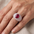 D'Joy - Fissure Filled Ruby, White Zircon & Dyed White Jade Band Ring in Rhodium Overlay Sterling Silver 30.12 Ct._8497943_1