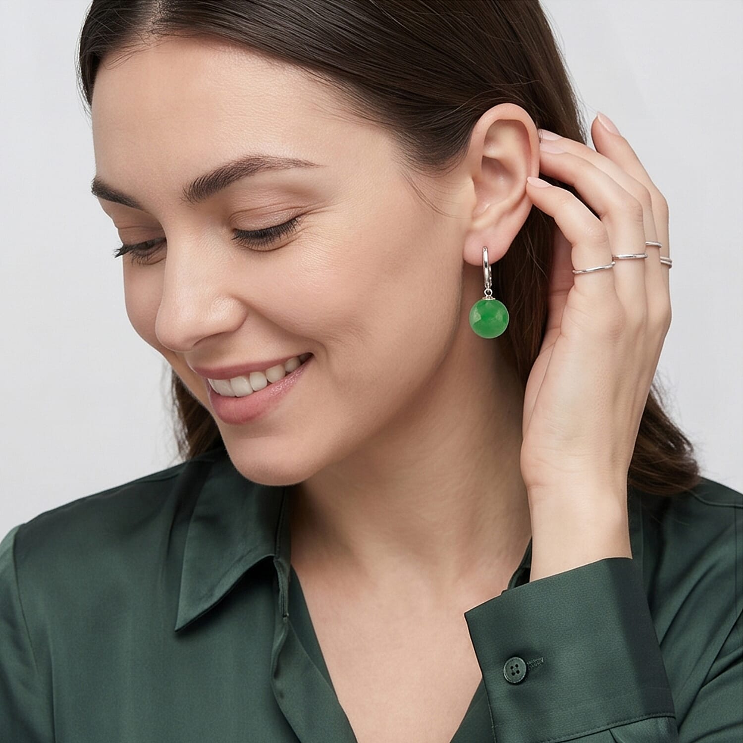 D'Joy Green Jadeite Beads Hoop Earring in Rhodium Overlay Sterling Silver 28.35 Ct. 8497947 4