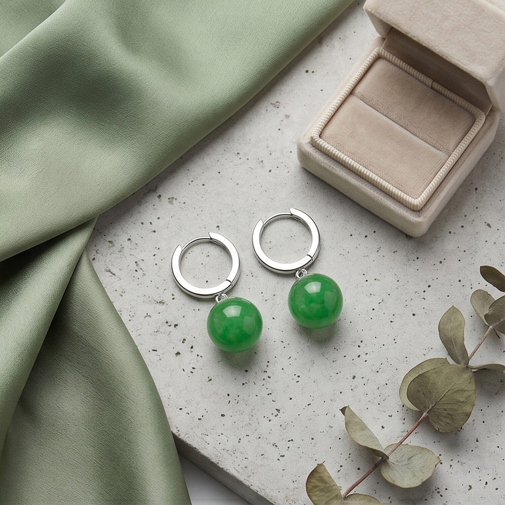 D'Joy Green Jadeite Beads Hoop Earring in Rhodium Overlay Sterling Silver 28.35 Ct.