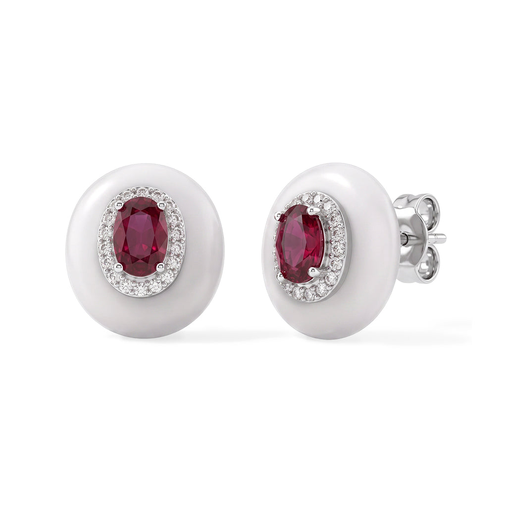 D'Joy - Dyed White Jade, Fissure Filled Ruby & White Zircon Push Post Earring in Rhodium Overlay Sterling Silver 16.14 Ct._8497964