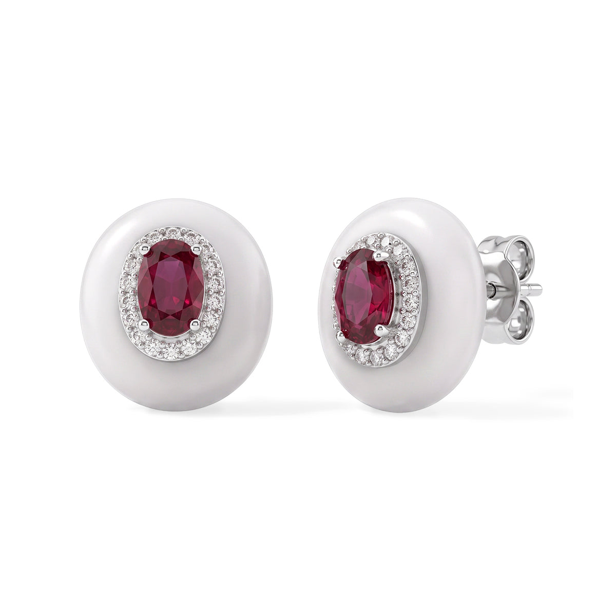 D'Joy - White Jade, African Ruby &amp; White Zircon Halo Earring with Push Post in Rhodium Overlay Sterling Silver 16.14 Ct. V32524600 0