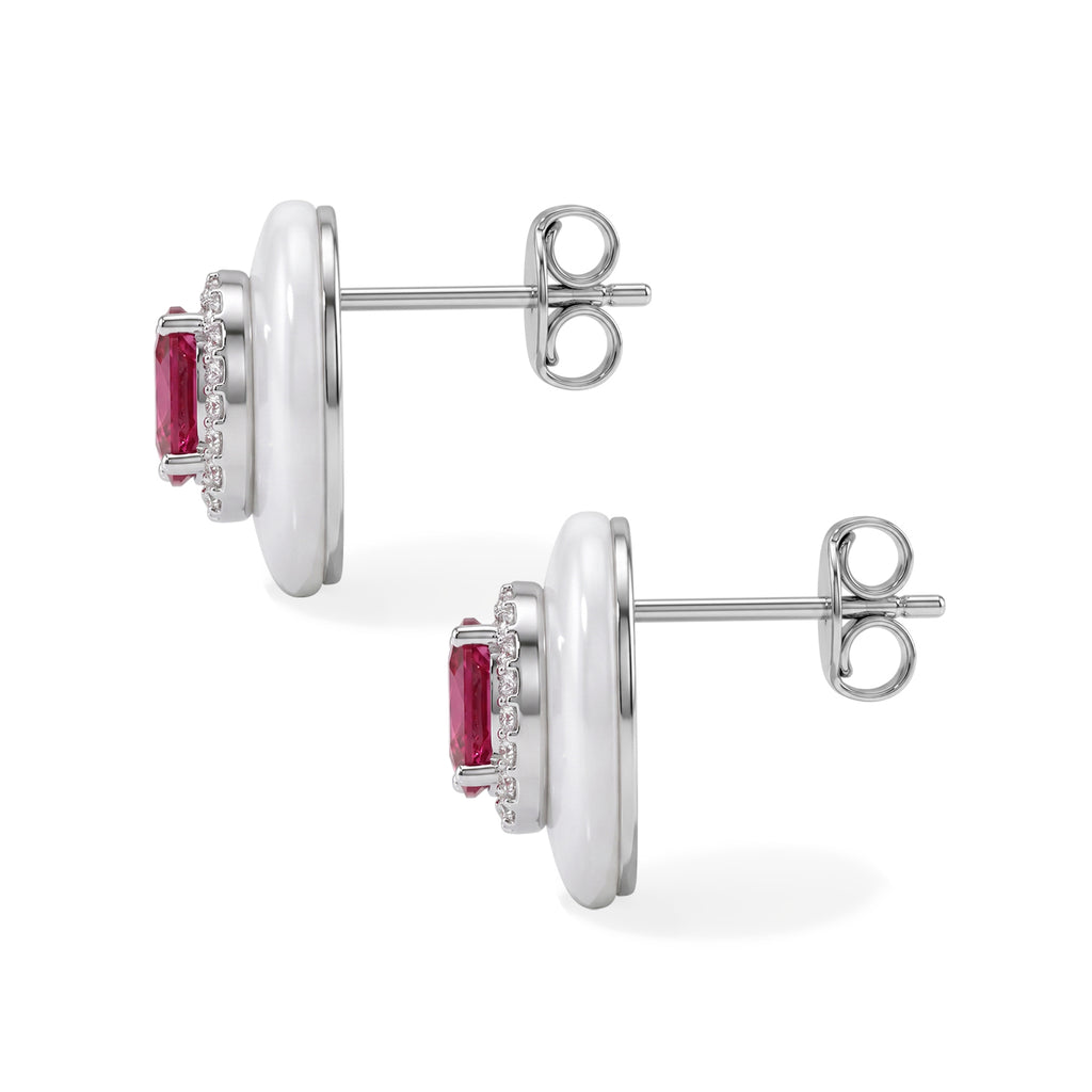 D'Joy - Dyed White Jade, Fissure Filled Ruby & White Zircon Push Post Earring in Rhodium Overlay Sterling Silver 16.14 Ct._8497964_3