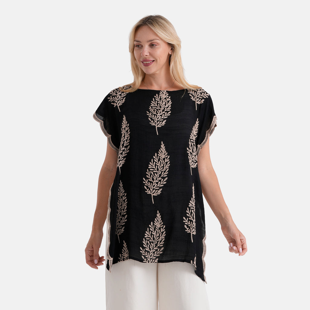 La Marey Botanical Embroidered Tunic Top (One Size) - Black_8498063