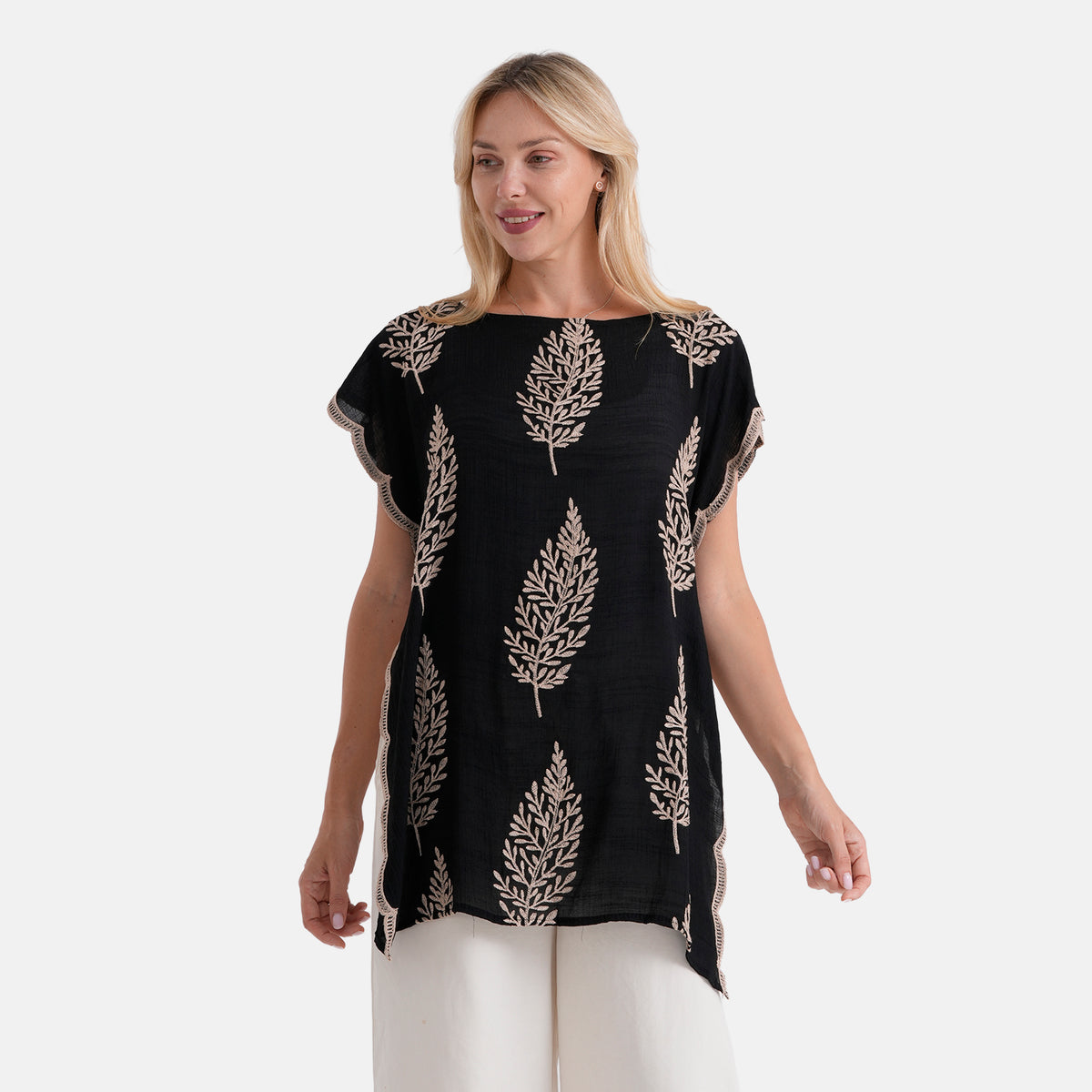 La Marey Botanical Embroidered Tunic Top (One Size) - Black V32566208 0