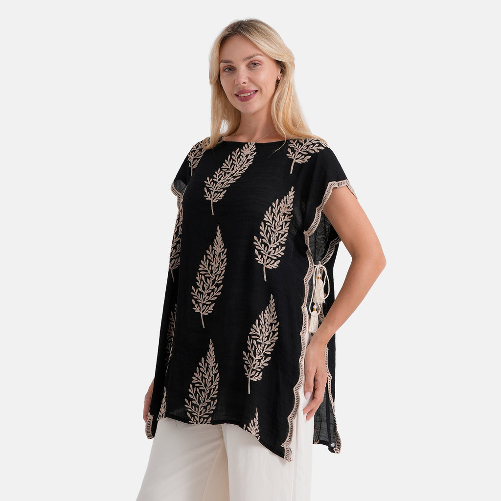 La Marey Botanical Embroidered Tunic Top (One Size) - Black_8498063_2