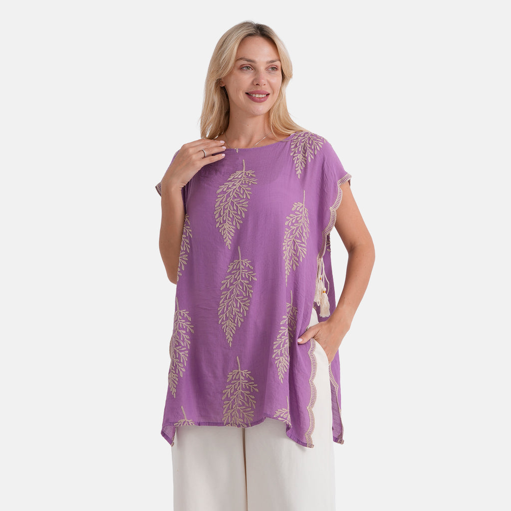 La Marey Botanical Embroidered Tunic Top (One Size) - Purple_8498099